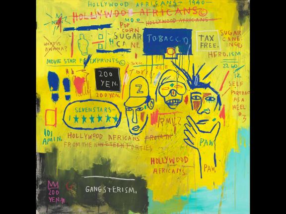 yellow and blue painting inspired by graffiti by Jean-Michel Basquiat made with acrylic and oil paintstick on canvas