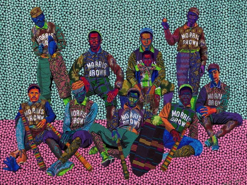 brightly colored quilt depicting a group of young baseball players in uniform
