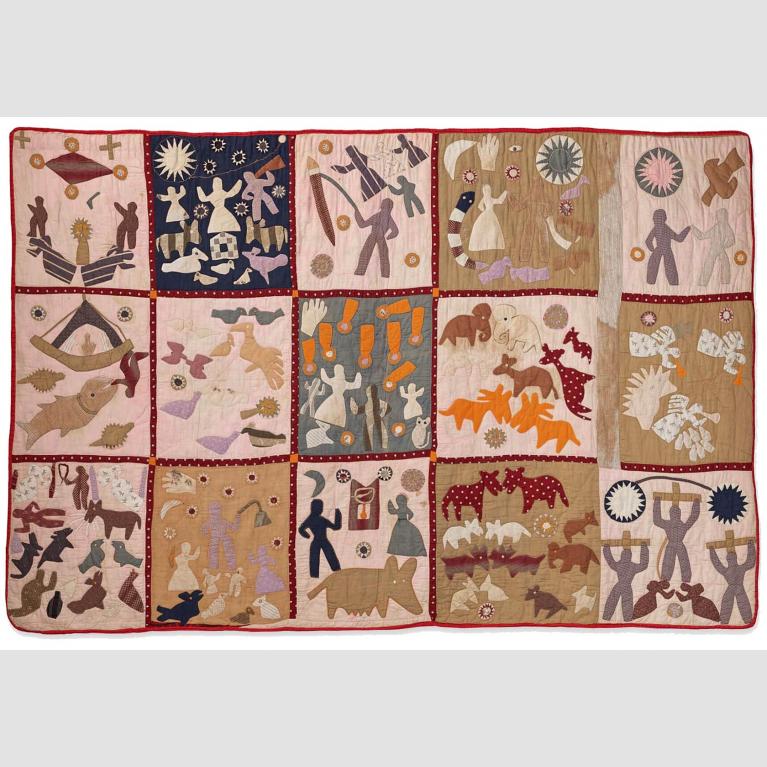 Quilt with different squares depicting human figures and animals