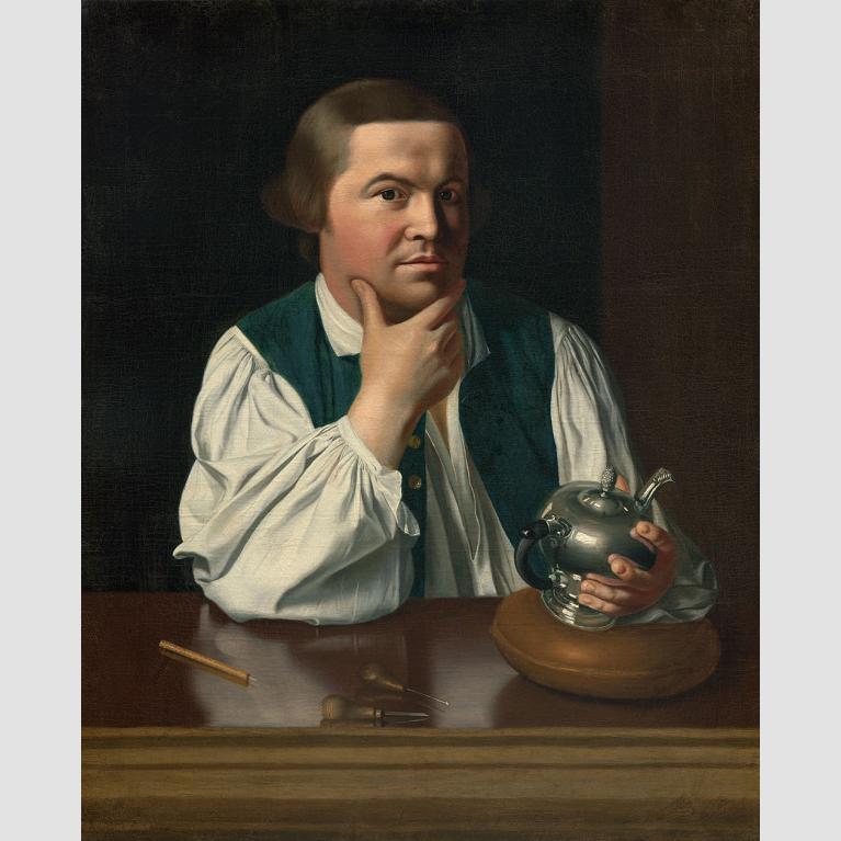 Paul Revere is shown half-length, seated behind a highly polished table, and casually attired. He cradles his chin in his right hand and regards the viewer as if he has just looked up from the teapot in his left hand