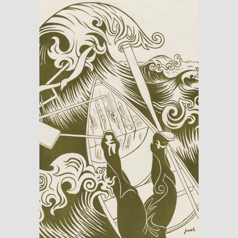 A print of a wave overtaking a man falling out of his small wooden rowboat