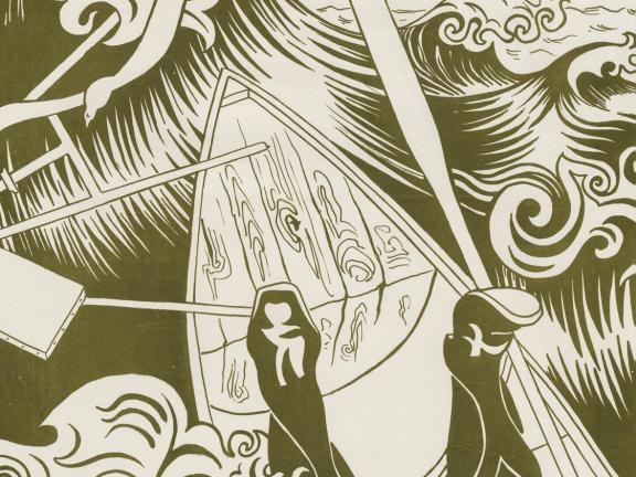 A print of a wave overtaking a man falling out of his small wooden rowboat