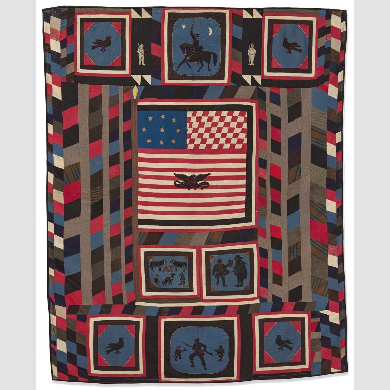 Red, white, blue, black and brown quilt with American flag and scenes of soldiers and animals.