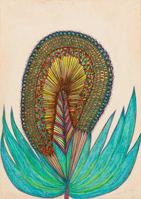 A mixed media artwork of a blooming plant.