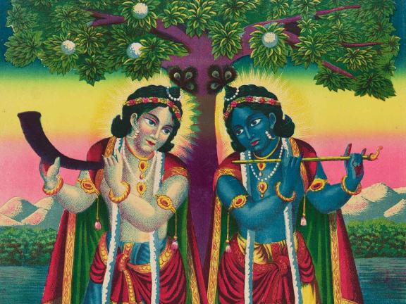 Detail of colorful Hindu print of two women in contrasting clothes and skin color, both holding wind instruments and standing on either side of a fruit tree, with a field, mountains, and bright sky with blues, yellows, and pinks in the background
