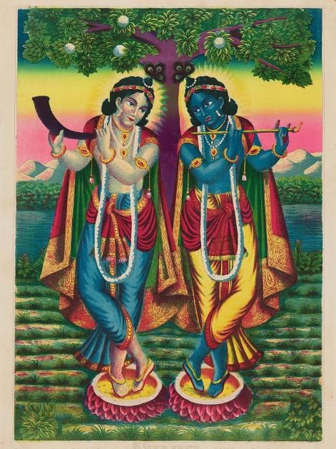 Colorful Hindu print of two women in contrasting clothes and skin color, both holding wind instruments and small pedestals in front of a fruit tree, with a field, mountains, and bright sky with blues, yellows, and pinks in the background