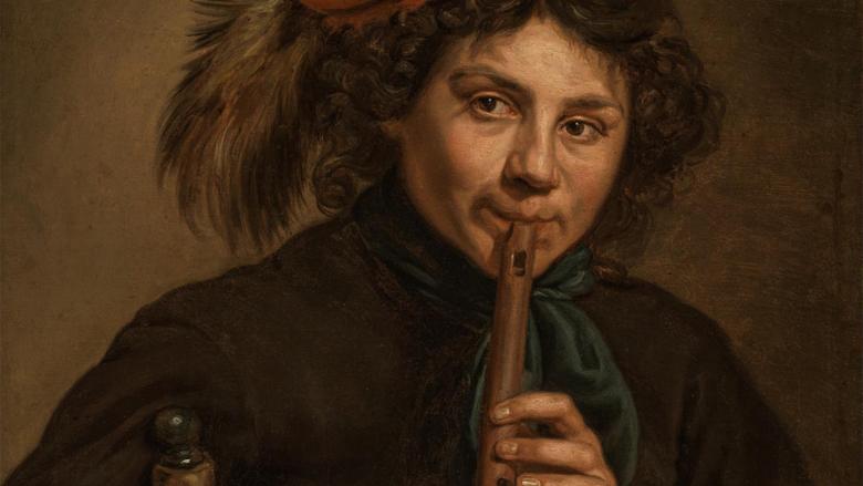 Oil painting of a young man playing a wind instrument