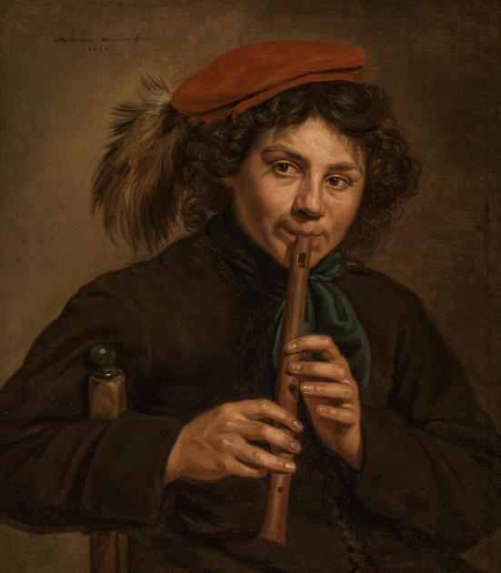 Oil painting of a young man playing a wind instrument
