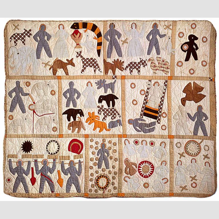 Colorful quilt made of multiple squares with figures and animals.