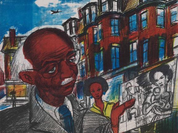 A colorful lithograph of a man stands in front of a row of brownstones and holds up a drawing of a woman holding a baby. 