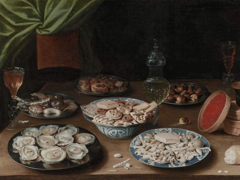 Oil painting of a still life with platters of oysters, nuts, pastries, fruit and vessels of beverages