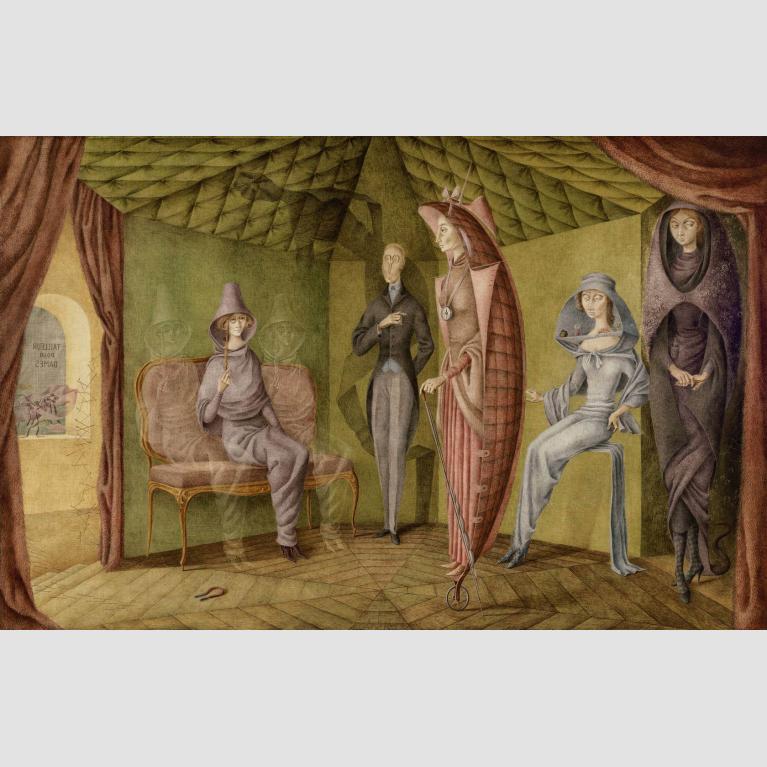 A painting of four women and one man in a room; two specters flank one of the seated women