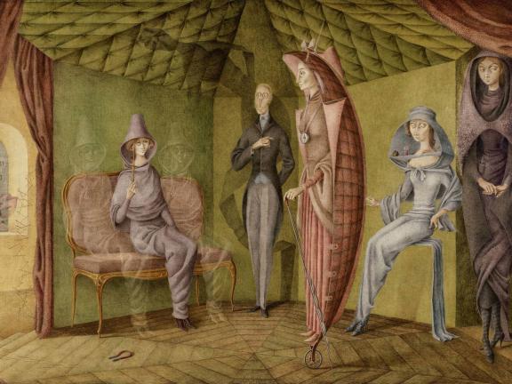 A painting of four women and one man in a room; two specters flank one of the seated women