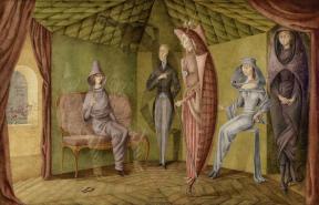 A painting of four women and one man in a room; two specters flank one of the seated women