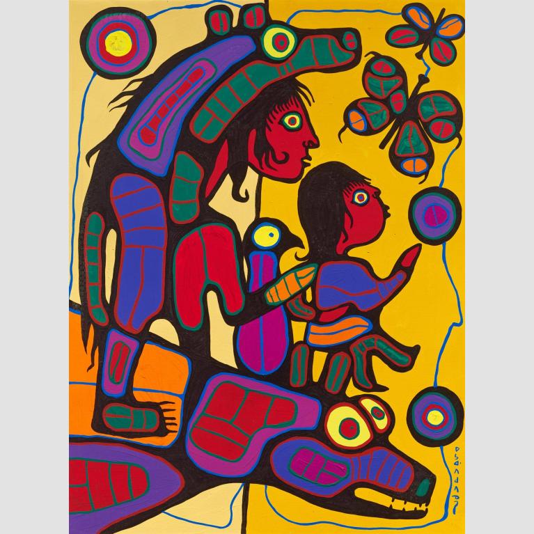 A colorful painting of two human figures, a bird, and a bear surrounded by butterflies.