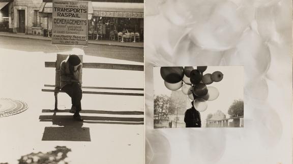 Black-and-white photographs layered on top of one another; on left, photograph of person sitting on bench cross-legged; on right, photograph of person folding large bundle of balloons