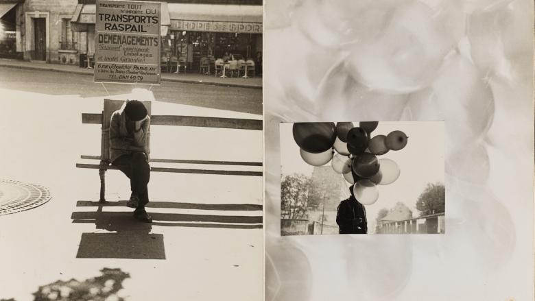 Black-and-white photographs layered on top of one another; on left, photograph of person sitting on bench cross-legged; on right, photograph of person folding large bundle of balloons