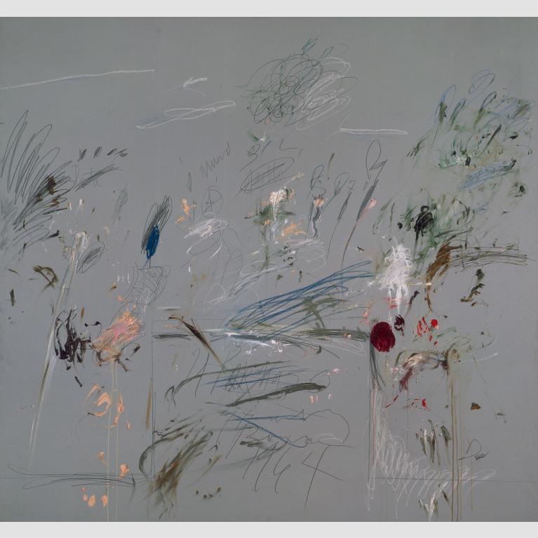 An artwork with a gray background, various smudges of color, and the terms "Il Parnasso" and "1964."