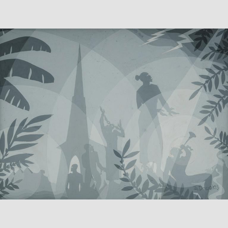 Gouache on artist's board depicting silhouettes of the Sphinx, pyramids, a church, jungle foliage, a trumpeter, chained figures, and one figure in broken chains. 