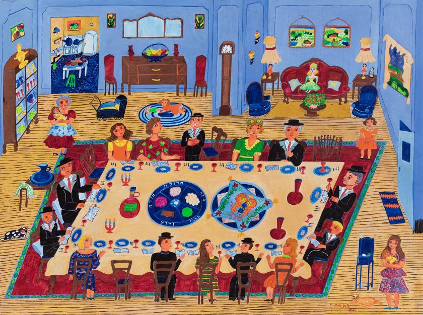 A family gathers around a large table to partake in seder during Passover. 