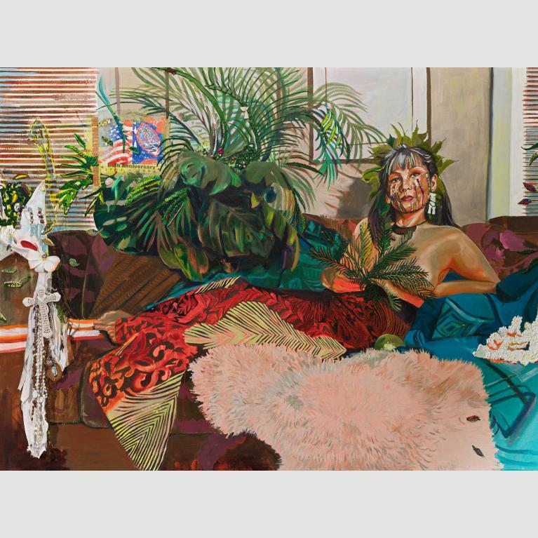 A figure wrapped from the waist down in a red patterned textile reclines surrounded by green plants.