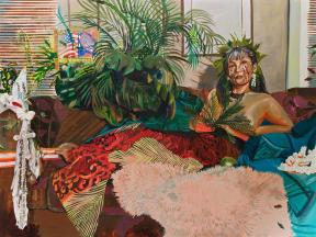 A figure wrapped from the waist down in a red patterned textile reclines surrounded by green plants.