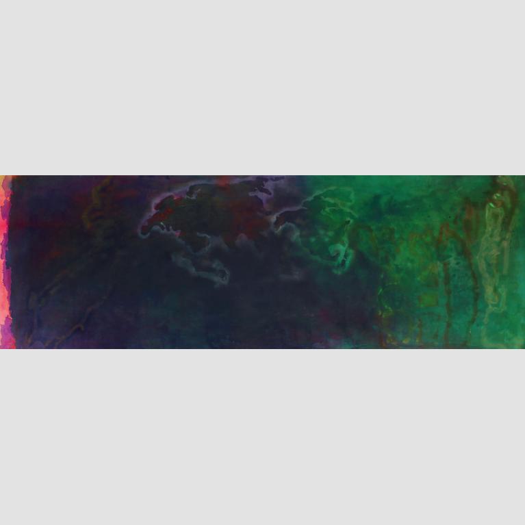 A an abstract painting of dark purple, dark green, and bright ink with centered map imagery.