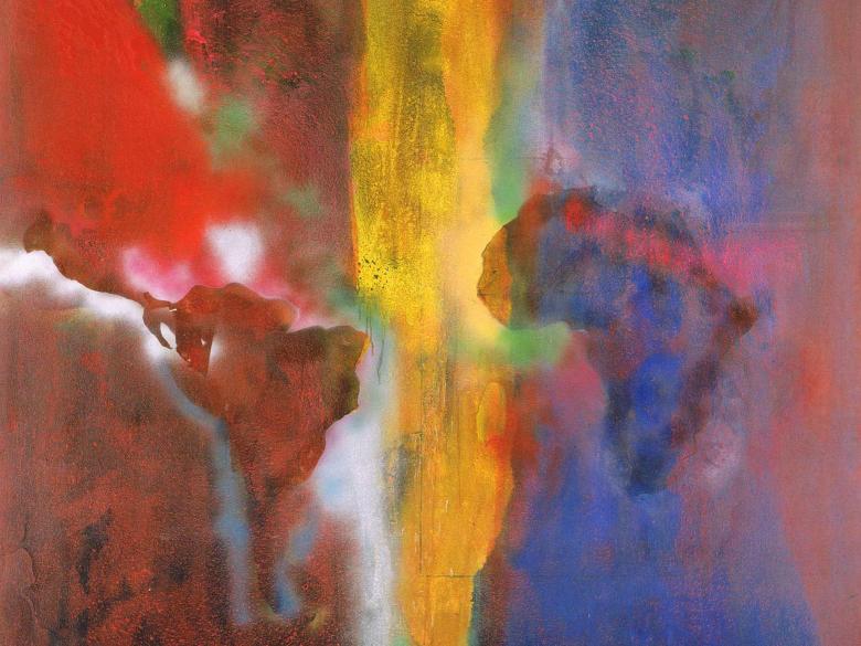 An abstract painting in the colors of black, red, green, yellow, and blue, with imagery of the continents of South America and Africa.