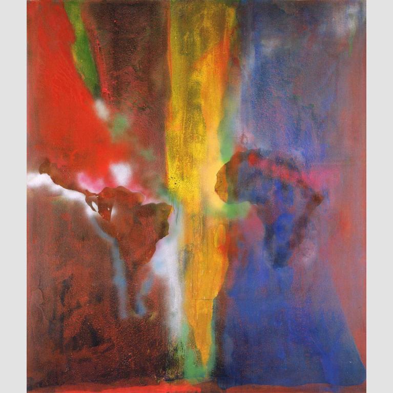 An abstract painting in the colors of black, red, green, yellow, and blue, with imagery of the continents of South America and Africa.