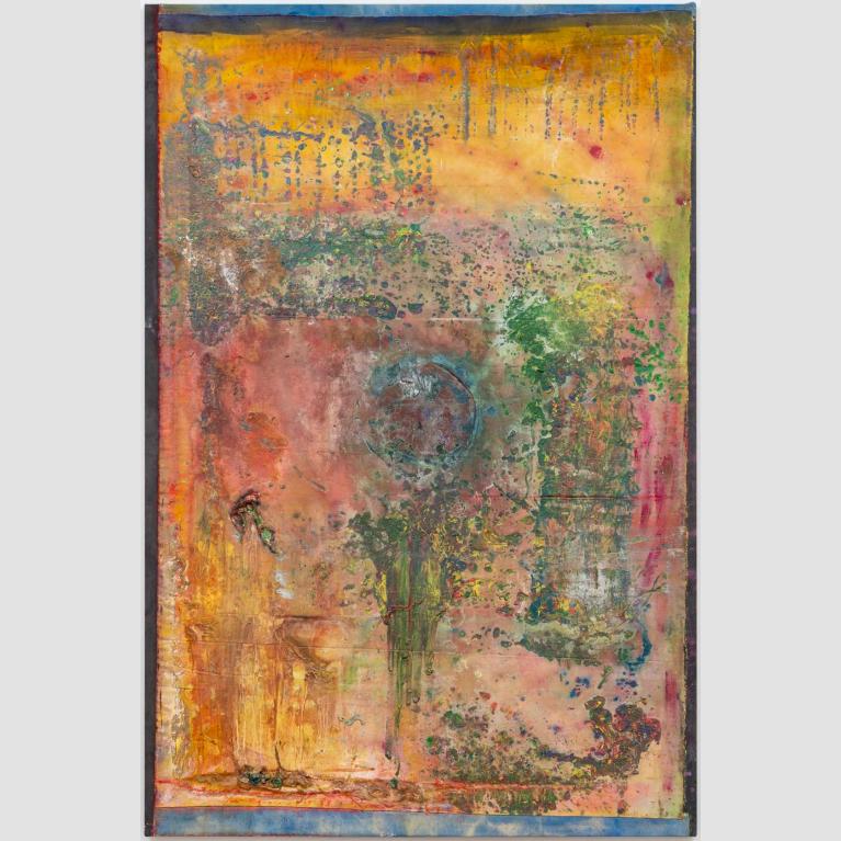 An abstract painting of many colors with paint splatters and dripping paint.