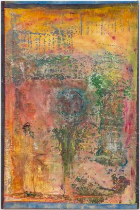 An abstract painting of many colors with paint splatters and dripping paint.