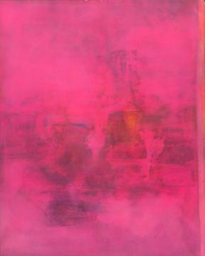 A bright pink painting with abstract geographic imagery.