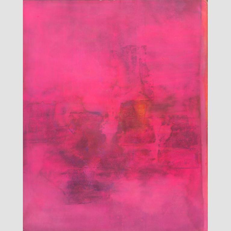 A bright pink painting with abstract geographic imagery.