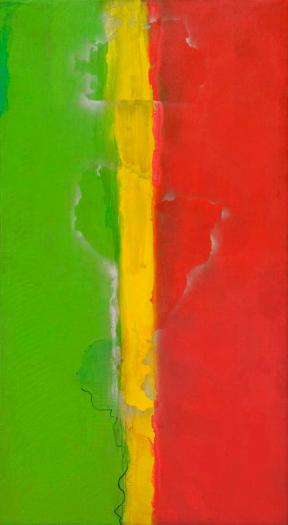 A painting of bright green, yellow, and red vertical stripes with a faint outline of South America in the middle.