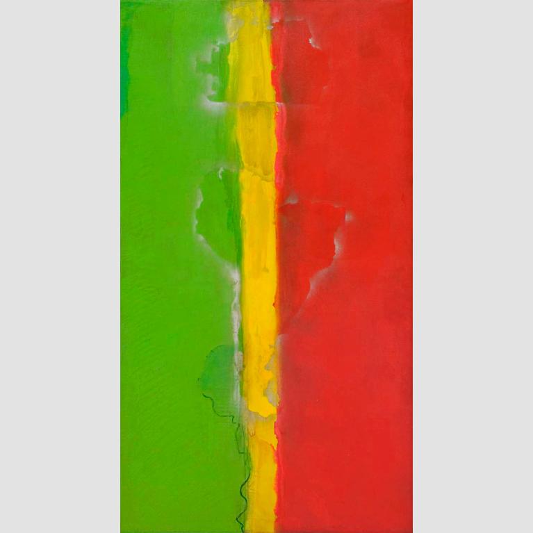 A painting of bright green, yellow, and red vertical stripes with a faint outline of South America in the middle.