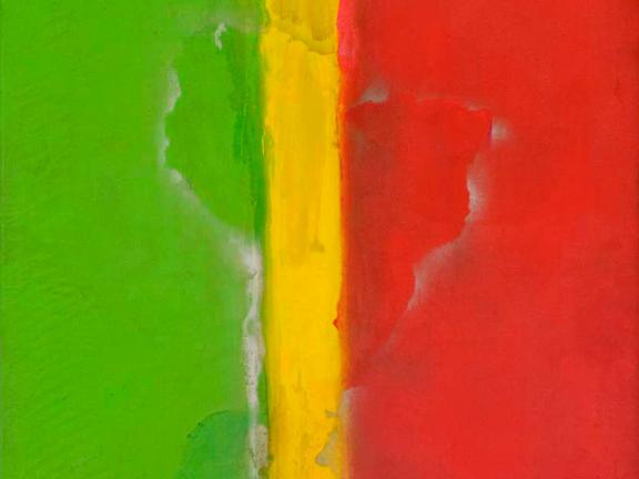 A painting of bright green, yellow, and red vertical stripes with a faint outline of South America in the middle.