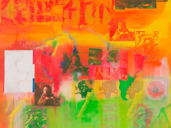 An abstract painting of bright oranges, yellows, pinks, and greens with different, repeating images.