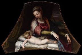 A painting of the Virgin Mary pulling a blanket over the sleeping Christ Child. 
