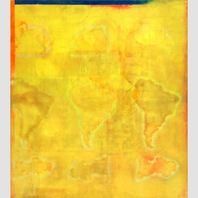 A bright yellow painting with the outline of South America repeating through it.