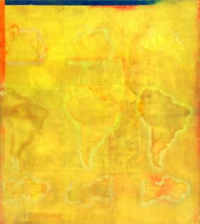 A bright yellow painting with the outline of South America repeating through it.