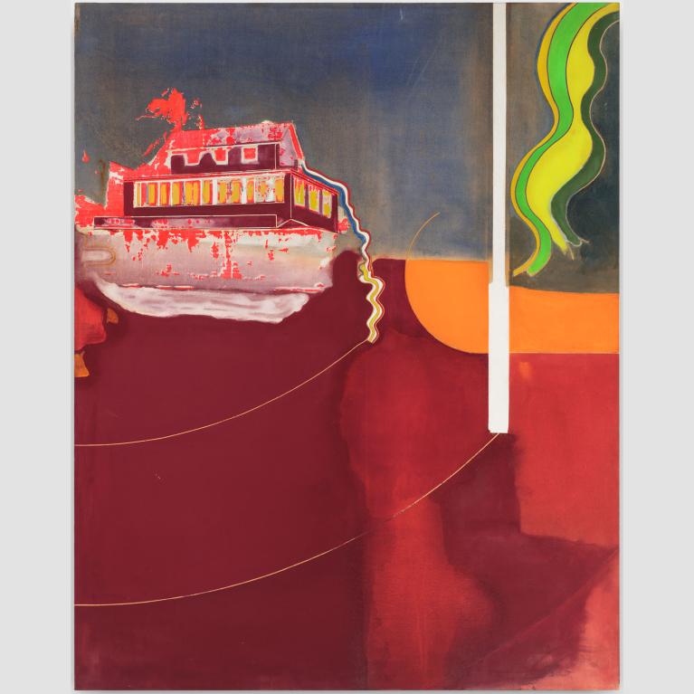 A painting with a maroon and orange house on the left and a squiggle of different shades of green on the right.