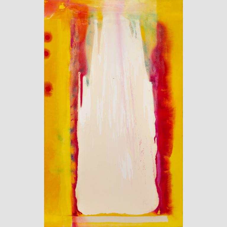 An abstract painting of yellow and red with a splash of white in the middle.