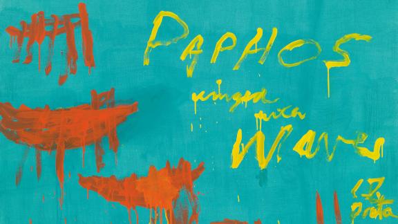 Abstract orange vessels in the shape of a half moon hover over a teal background. In the top right, crude yellow handwriting reads "Leaving Paphos Ringed by Waves."