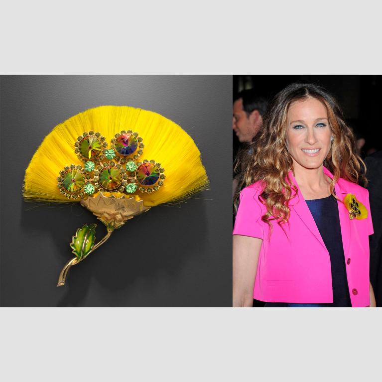 A yellow brooch studded with jewels on the left and actress Sarah Jessica Parker wearing the brooch to a move premiere on the right. 