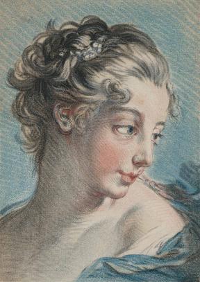 A colorful, engraved piece of metal with the portrait of a young woman whose head is turned toward the right.