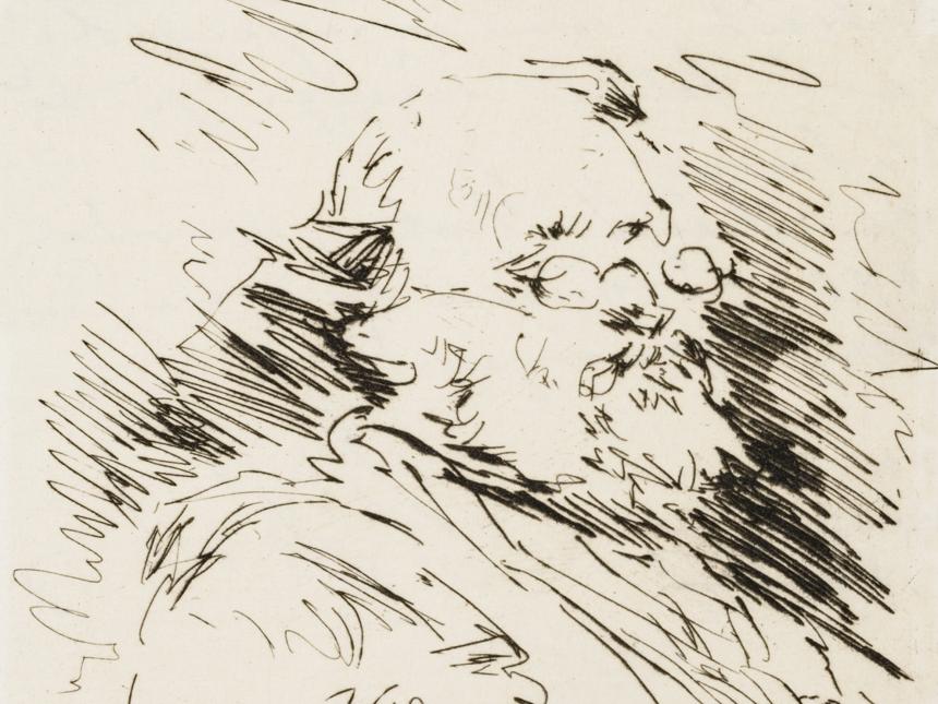 A crude etching of a man with glasses.