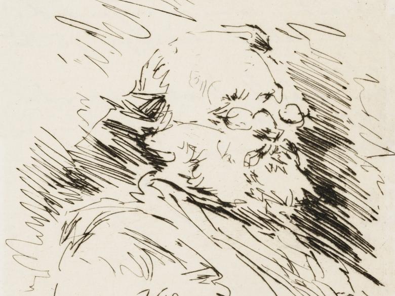 A crude etching of a man with glasses. 