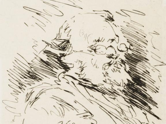 A crude etching of a man with glasses. 