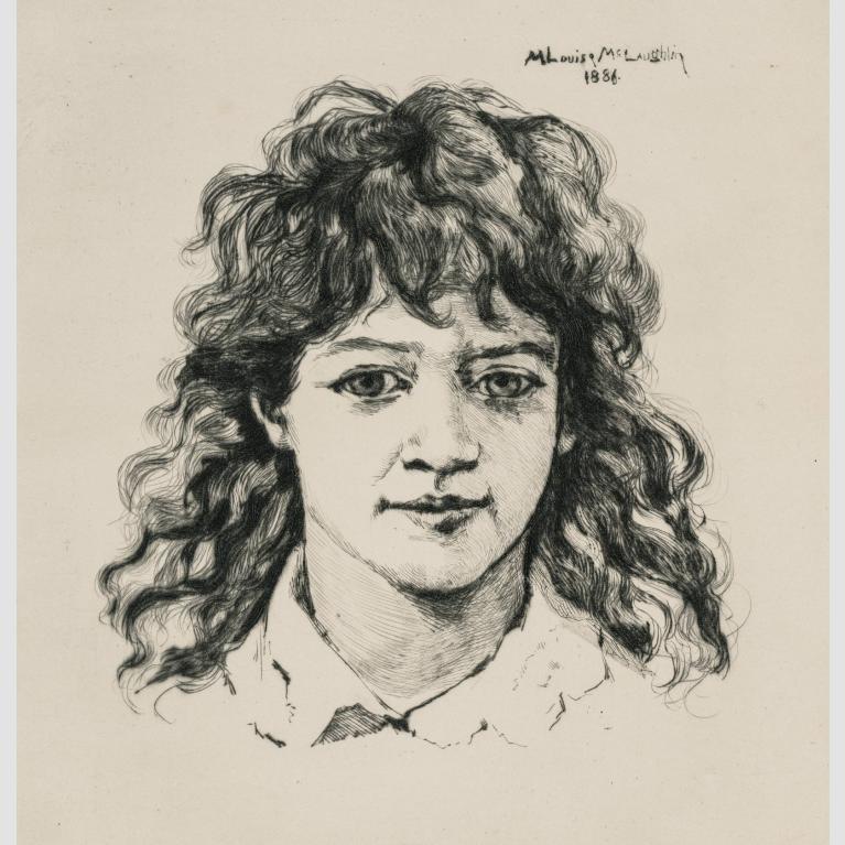 A graphite drawing of a girl from the shoulders up. 