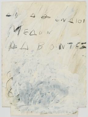 An abstract artwork with a cloud-like feature and inscrutable text. 